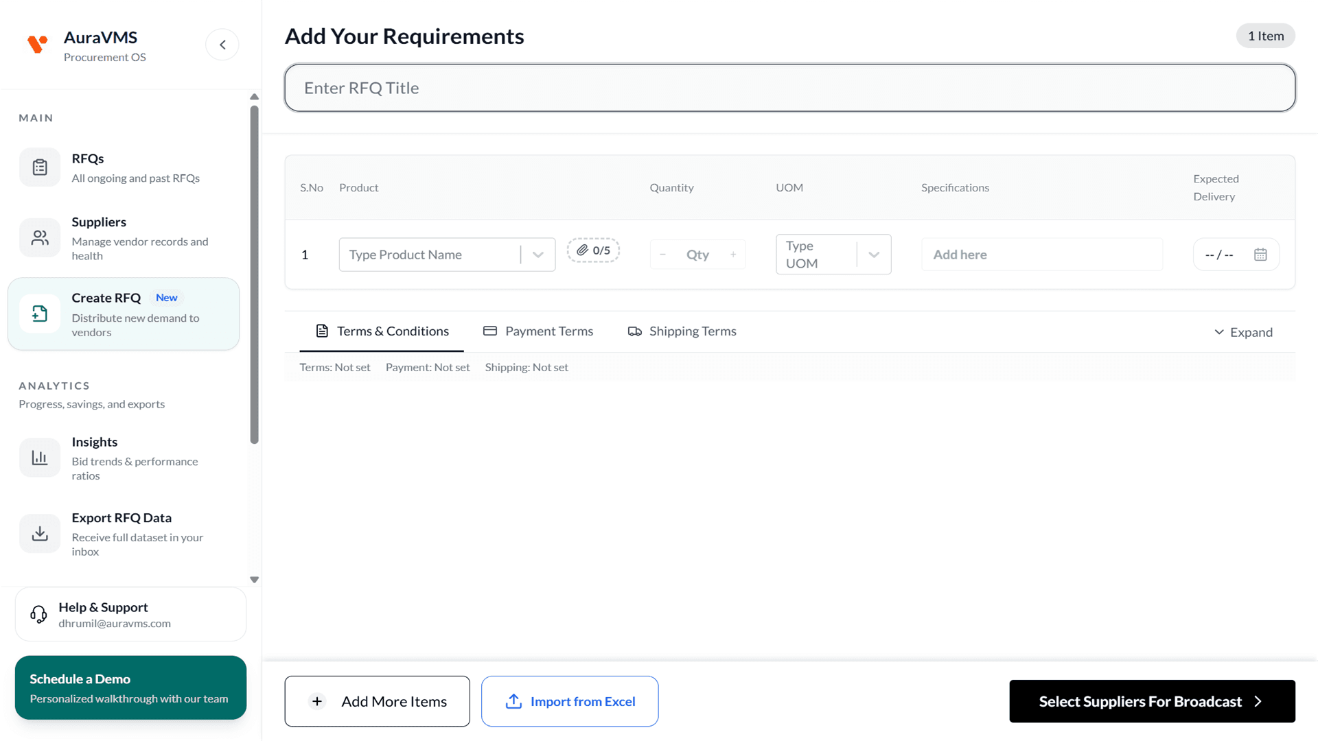 AuraVMS screen for creating an RFQ with item and supplier details